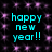 Pixelated cyan text 'happy new year!!' repeated four times on a black background with purple star-like sparkles.
