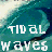Animated contact sheet of four frames showing a wave-themed icon with pixelated text over teal and white ocean waves, each frame displaying different segments of the phrase "TIDAL WAVES THROUGH ME" in varying positions.