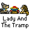 Animated contact sheet showing multiple frames of a pixel art animation featuring two dogs and text "Lady And The Tramp" on gray background.
