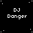 Black background with white pixelated text "DJ Danger" repeated in a pattern, scattered white dots resembling stars, and one gray square at bottom right