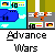 Pixelated icon with blue submarine, gray road, orange traffic cones, and 'Advance Wars' text below; background includes green hills and small flags.