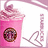 A pink cup with a brown circular design on its side, topped with a swirl of pink and white, and a pink curved line on the right side.