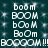 Animated text sequence displaying 'boom' variations in white pixelated font on dark teal background with scattered light speckles.