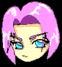 Pixelated character with pink hair and purple roots, blue eyes, black eyeliner, and a neutral expression on a black background.