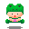Pixel art contact sheet showing a green frog-hatted character in five animated frames holding pink objects with text changes.
