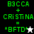 Green pixelated text displays 'B3CCA + CRISTINA = *BFTD*' with a white star icon on black background and a black star icon on white background.