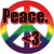 A rainbow-colored peace symbol icon with text and a heart symbol, displayed in a with one variation showing additional text and symbols