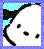 Pixelated cartoon character with white face and black outline, three small eyes visible across frames, changing background colors from blue to orange.