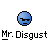 A pixelated blue circular icon with black sunglasses and a straight mouth above white pixel text reading 'Mr. Disgust' on a gray background.