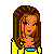 Pixel art contact sheet showing multiple frames of a female character in yellow crop top and blue track pants with yellow stripes, plus text "SportY Chick" on blue background.
