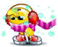 Yellow cartoon character with red headphones, pink striped scarf, and silver shoes stands against white background with light blue dots.