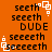Pixelated orange background with repeated black text 'seeth', 'seeeth', 'DUE', 'seeeth', 'seeeth', 'DUE', 'seeeth', 'seeeth', 'DUE', 'seeeth', 'seeeth', 'DUE' and white square outlines.
