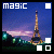 Pixelated image of Eiffel Tower at dusk with purple sky, green foreground, and four colored squares in corners; text 'magic' top-left.