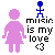 Pixel art icon with pink female figure, blue male stick figures playing instruments, musical notes, and text "music is my love" with heart symbol.