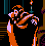 Pixel art of a character in orange and purple clothing holding a sword, standing before a candlelit background with vertical structures.