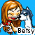 Pixelated icon shows a woman with long brown hair and red lips holding a white and gray dog against a solid blue background, with the name 'Betsy' in black text at the bottom right.