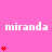 Pink background with repeated white 'miranda' text and red heart symbols in varying quantities across three