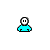 Pixelated character in cyan shirt with white head, showing text and red splatter effects