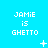 Pixelated text 'JAMIE is GHETTO' repeated across a bright cyan background with scattered white star and dot symbols.