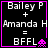 Four identical pixelated display text and a small pink alien icon on a black background with a purple border