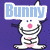 Pixelated bunny character with pink nose and blue text 'Bunny' above, shown in three distinct poses across a