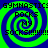 A static image with four identical spiral patterns in blue and green, each containing text reading "GYMNASTICS: GYMNASTICS ROCKS MY SOCKS!!!!!!".