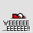 Pixelated character in red outfit with white head and pink accents performs multiple actions above text reading 'YEEEEE' then '..EEEEEE!' on light gray background.