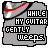 Pixelated icon with gray background, red curved line, and text "WHILE MY GUITAR GENTLY WEEPS" in white and red lettering.
