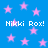 Blue background with pink stars and repeated white text 'Nikki Rox!' in pixelated font.