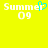 Yellow background with white pixelated text 'Summer 09' and a blue heart-shaped cursor icon replacing the letter 'm' in 'Summer'.