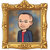 Pixelated portrait of a person in a dark blue jacket with red stripe, framed by ornate golden border against muted background.