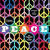 Colorful pixelated pattern with repeated peace symbols and 'PEACE' text in bright hues, arranged in a with a gray corner overlay