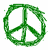 Green pixelated peace symbol on white background, rendered with varying shades of green in a low-resolution digital style.