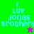 Pixelated text "I LUV JONAS BROTHERS" in cyan on green and purple backgrounds with a star symbol, transitioning between two color schemes.