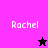 Pixelated 'Rachel' text appears on four colored backgrounds with star symbols changing between black and pink.
