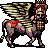 Pixelated creature with horse-like body, large wings, and human rider wearing red headgear.