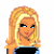 Pixel art contact sheet showing three frames of a cartoon character with blonde hair, blue crop top, denim skirt, and white platform sandals on a pink banner background.