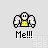 Pixel art character with yellow torso and white arms, standing in a pose with raised fists beneath text reading "Me!!!" on light gray background.