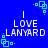 Blue background with white text reading "I LOVE LANYARD" and cyan square-based pixel art elements in four corners.