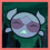 Pixelated character with gray skin, purple eyes, and two small horns wears a green top against dark teal background.