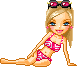 Pixel art of a blonde girl in a pink bikini with sunglasses on her head, shown in five sequential poses with heart symbols appearing and disappearing.