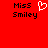Red background displays two identical text blocks with a white pixelated heart between them, each reading 'Miss Smiley' in black blocky font.