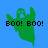 Green ghost icon with 'BOO! BOO!' text on blue background, transitioning to teal and then faded transparency.