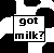 Black-and-white pixelated icon with a speech bubble containing the text 'got milk?' surrounded by abstract black shapes on white background.