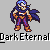 Pixel art character with blue hair and cape, orange armor, purple pants, standing against gray background; text below reads "Dark Eternal" in pixelated font.