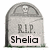Pixelated tombstone icon with 'R.I.P.' and 'Shelia' text, featuring a skull at the top and green grass base.