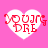 Four white heart shapes on a pink background, each containing red pixelated text reading 'YOUNG DRE' with the letter 'O' replaced by a heart symbol.