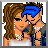 Pixelated image of two figures embracing, one with long brown hair and white top, the other with blue headband and dark clothing, next to text reading 'my boo' on white background.