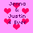 Pixelated pink background with red hearts and dark purple text reading "Jenna & Justin 4 Ever" in multiple repeated arrangements.