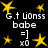 yellow stars and pixelated text on black background, with text reading 'G.t UOnss babe =] x0' in white